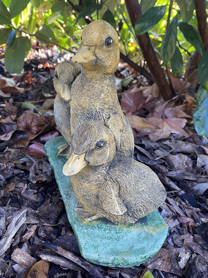 22nice4me Garden Statues set of three hand-painted concrete ducklings with a matte finish in a garden setting
