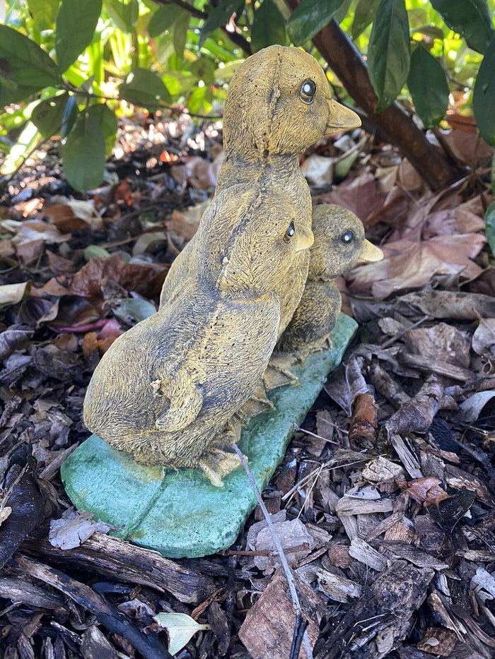 22nice4me Garden Statues set of three hand-painted concrete ducklings with a matte finish in a garden setting