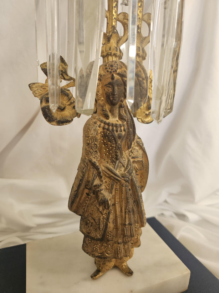 Antique - Brass, Marble, Crystal - Girandole/Candlestick Holder - 1890's - Victorian