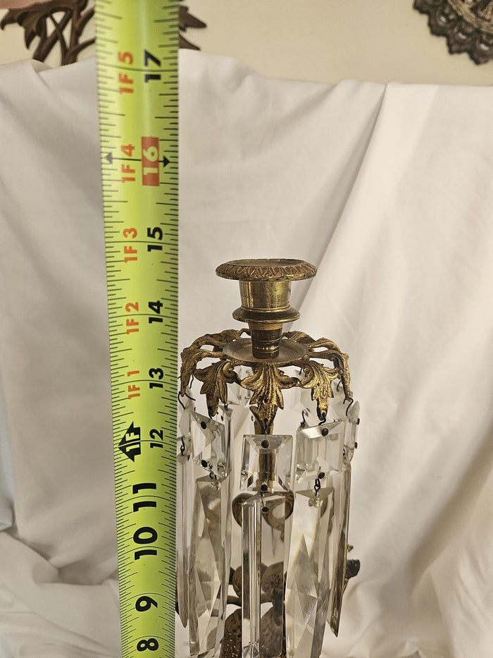 Antique - Brass, Marble, Crystal - Girandole/Candlestick Holder - 1890's - Victorian