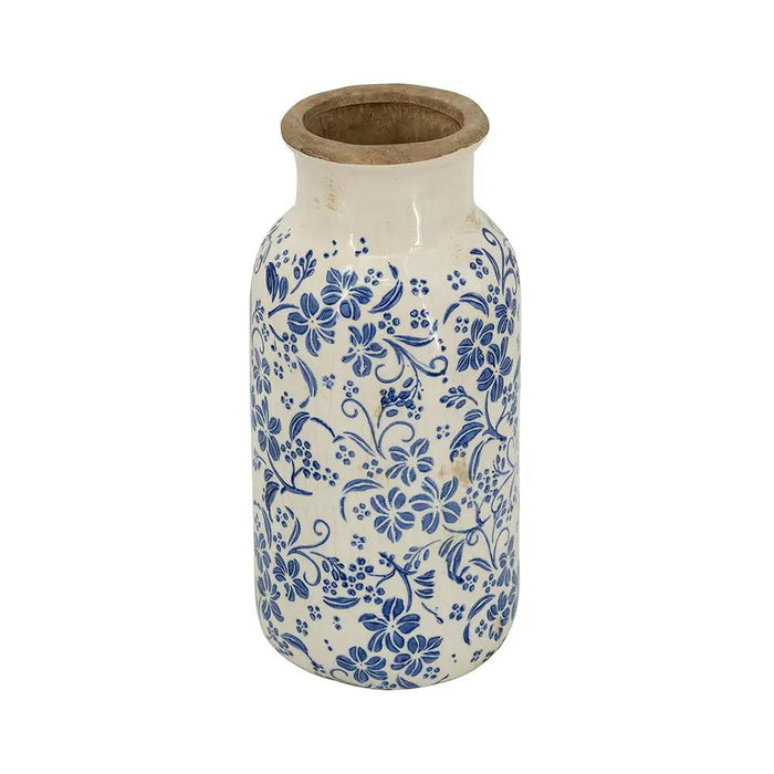 A&B Blue-White Ceramic Floral Print Vase 5.7"D x 12.5"H - Vases Merchandise