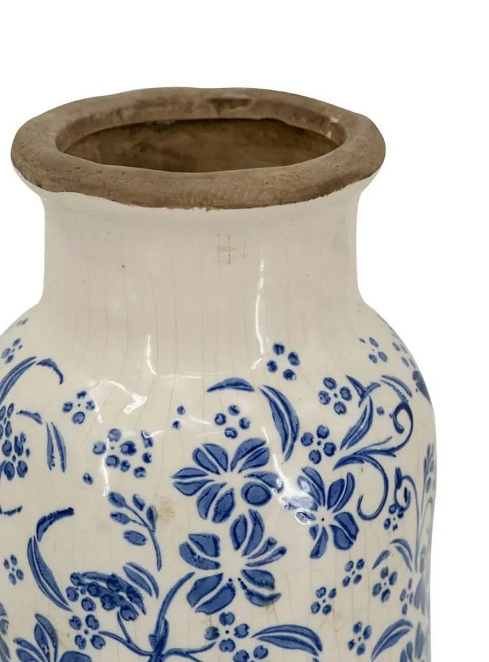 A&B Blue-White Ceramic Floral Print Vase 5.7"D x 12.5"H - Vases Merchandise