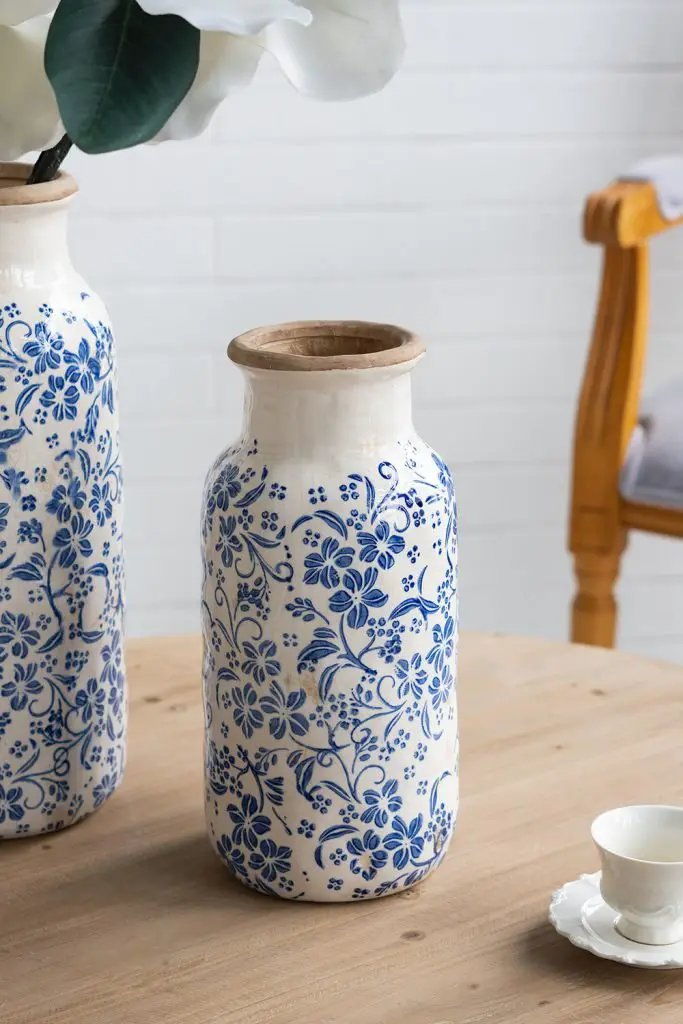 A&B Blue-White Ceramic Floral Print Vase 5.7"D x 12.5"H - Vases Merchandise