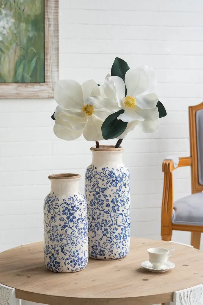 A&B Blue-White Ceramic Floral Print Vase 5.7"D x 12.5"H - Vases Merchandise