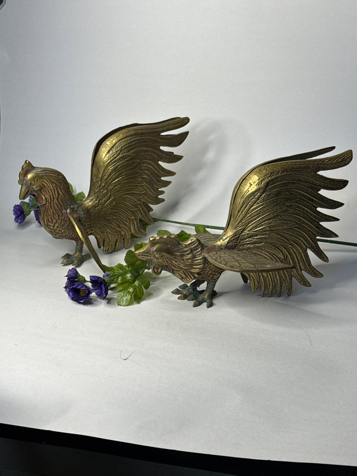 Brass Fighting Cock / Rooster Pair