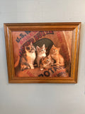 Burlap sack kittens, large wood frame art 18 x 24