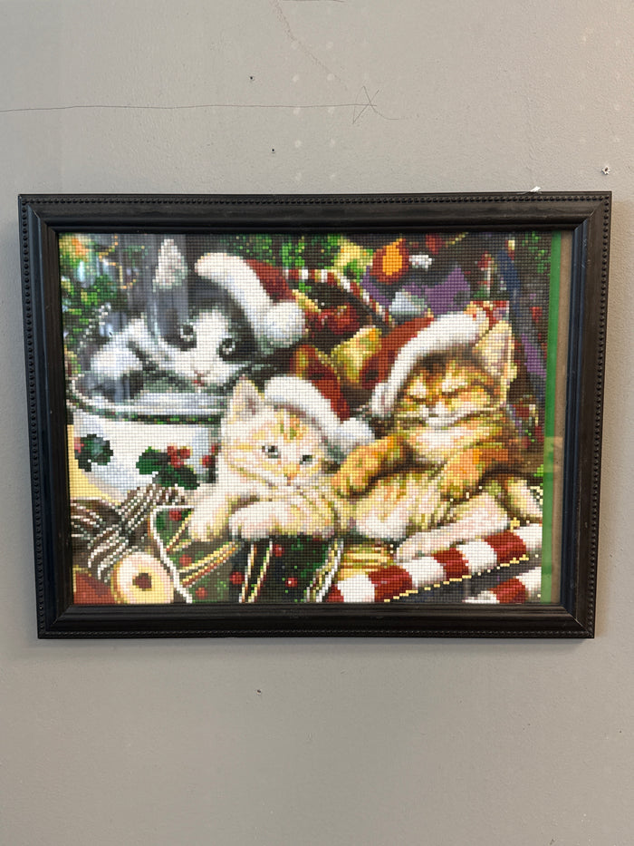 Cat diamond art Christmas theme, black wood frame