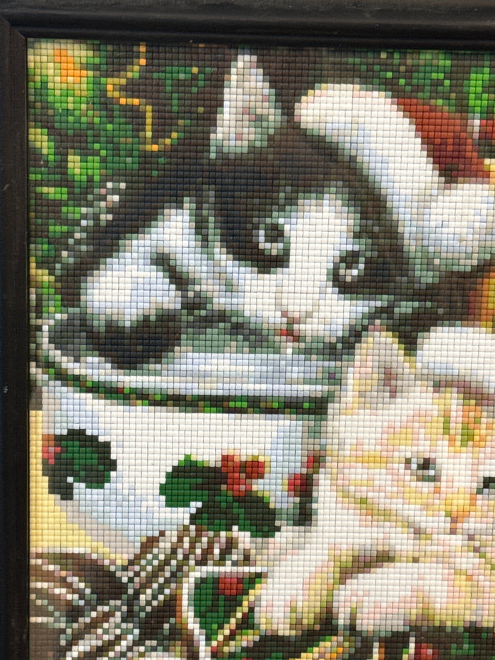 Cat diamond art Christmas theme, black wood frame