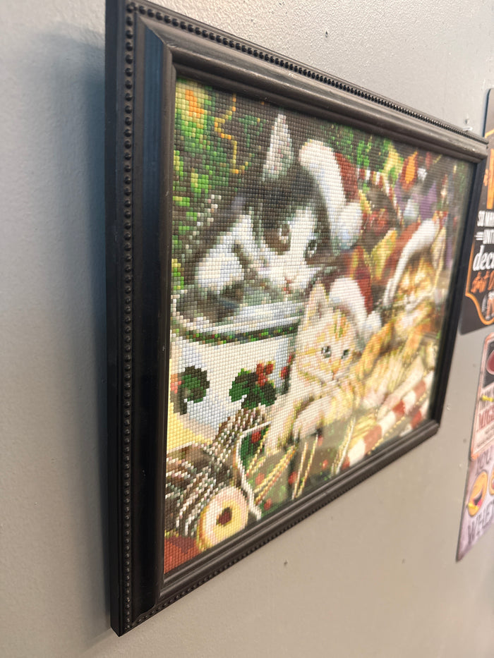 Cat diamond art Christmas theme, black wood frame