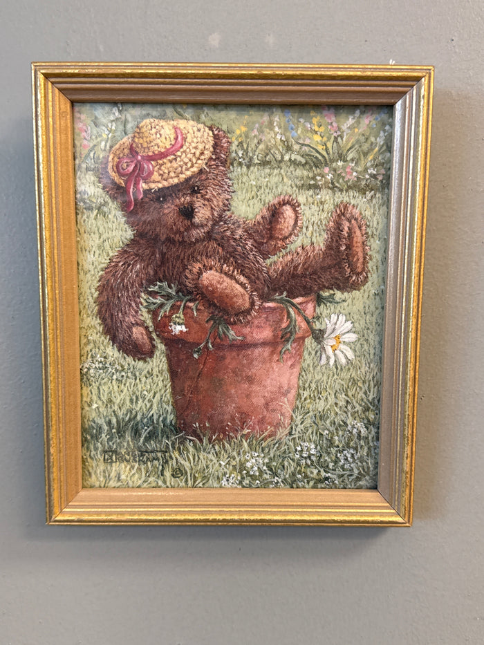 Children’s teddy bear art, gold frame, Janet Kruskamp