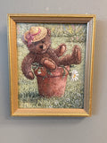 Children’s teddy bear art, gold frame, Janet Kruskamp