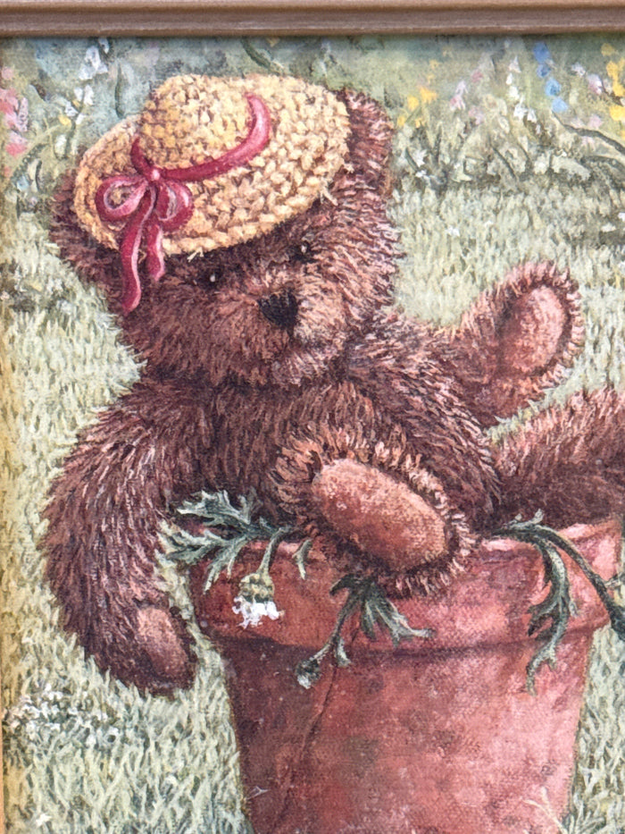 Children’s teddy bear art, gold frame, Janet Kruskamp
