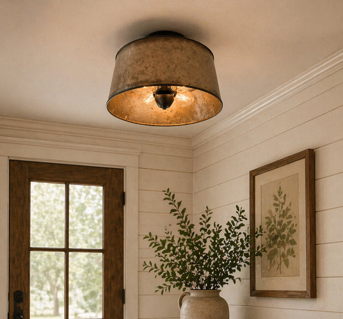 Copper-Edge Brass Toned Farm Drum Flush Mount | 12" Width - The Lamp Goods