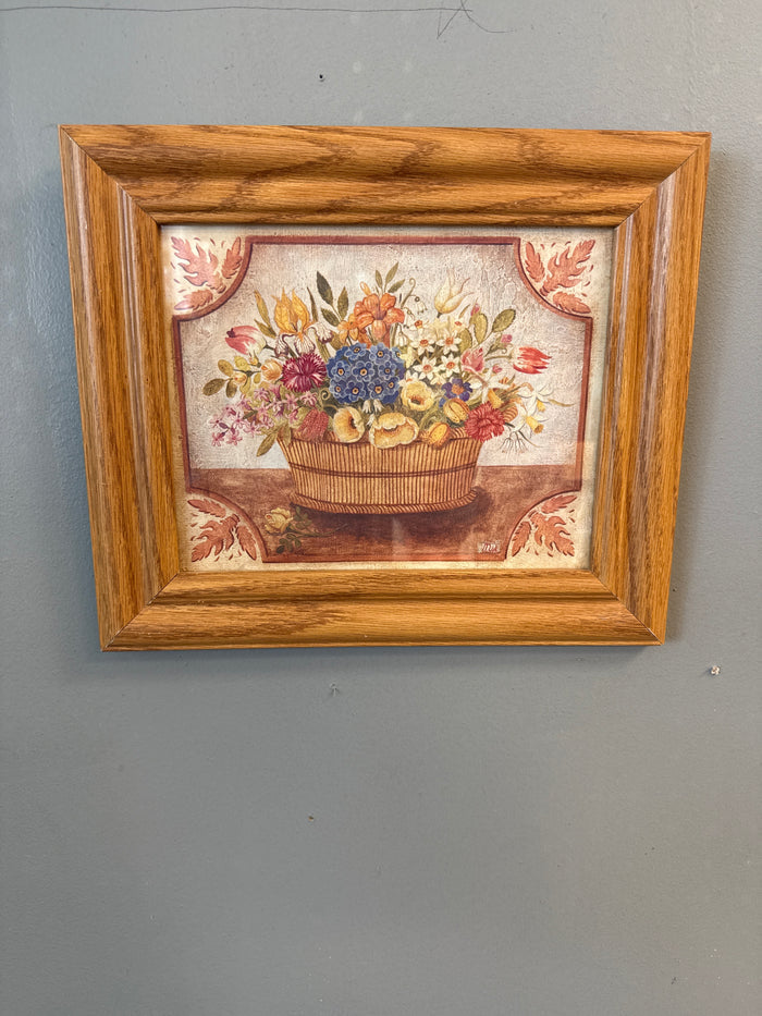 Country floral basket wooden frame art