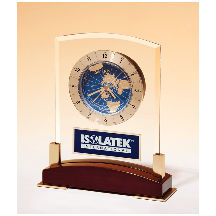 Glass Clock w/World Time Dial on Piano Finish Base