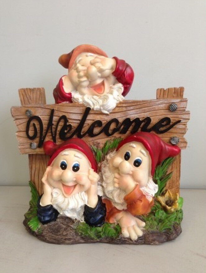 Gnome Welcome Sign Garden Ornament Statue Home Decor Hear Speak See No Evil