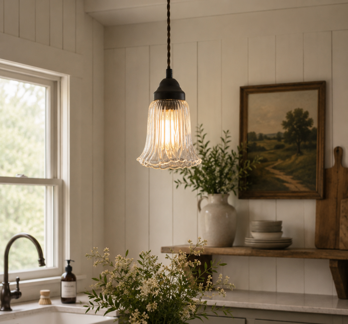 Heavy Pressed Scallop Flare Holophane Pendant - The Lamp Goods