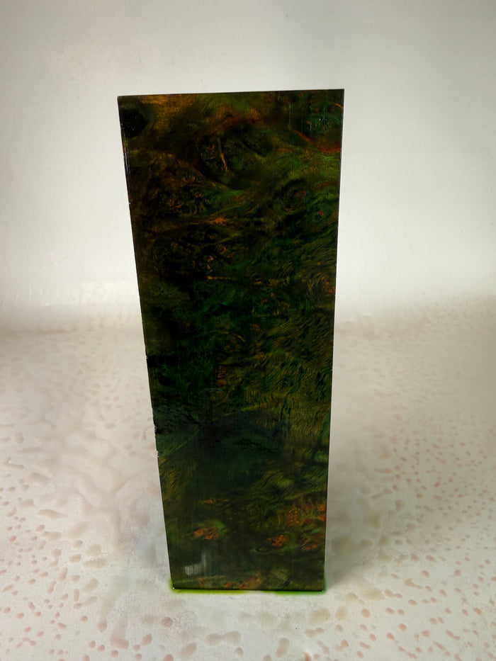 KB-030: Knife Block - Green Orange Dye Stabilized Maple Burl