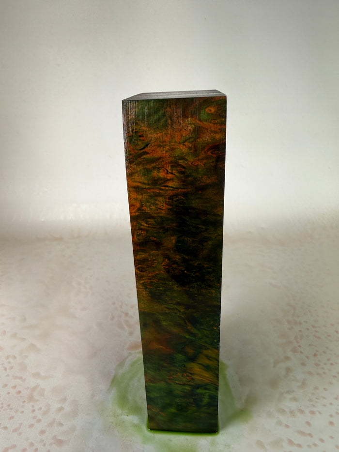 KB-030: Knife Block - Green Orange Dye Stabilized Maple Burl