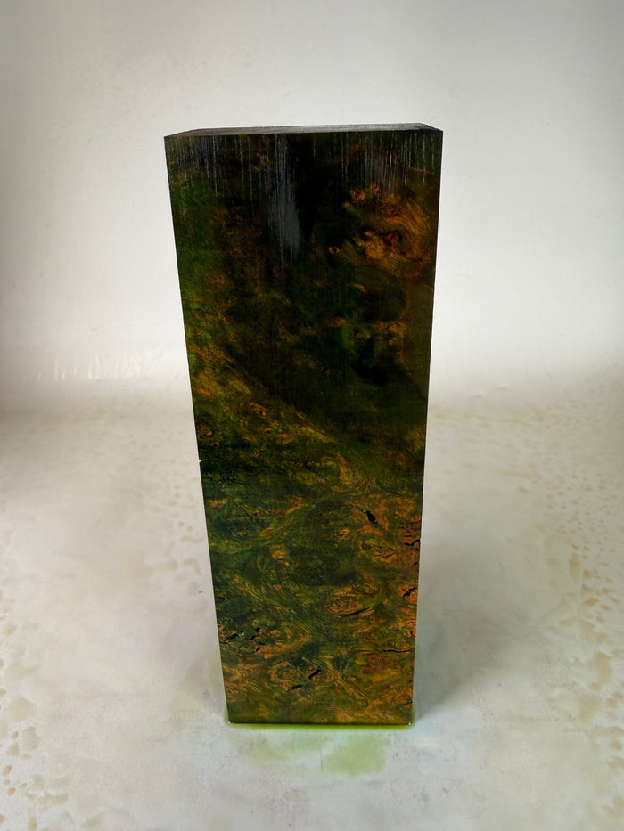 KB-031: Knife Block - Green Orange Dye Stabilized Maple Burl