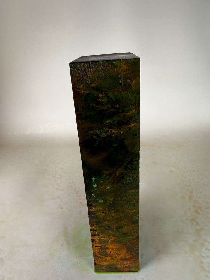 KB-031: Knife Block - Green Orange Dye Stabilized Maple Burl