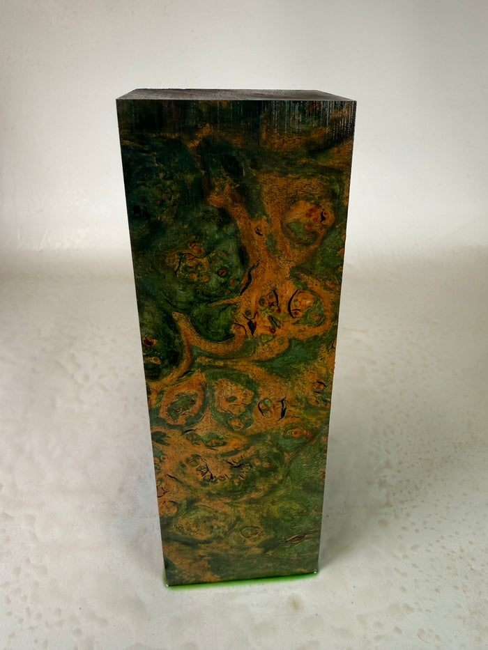 KB-033: Knife Block - Green Orange Dye Stabilized Maple Burl