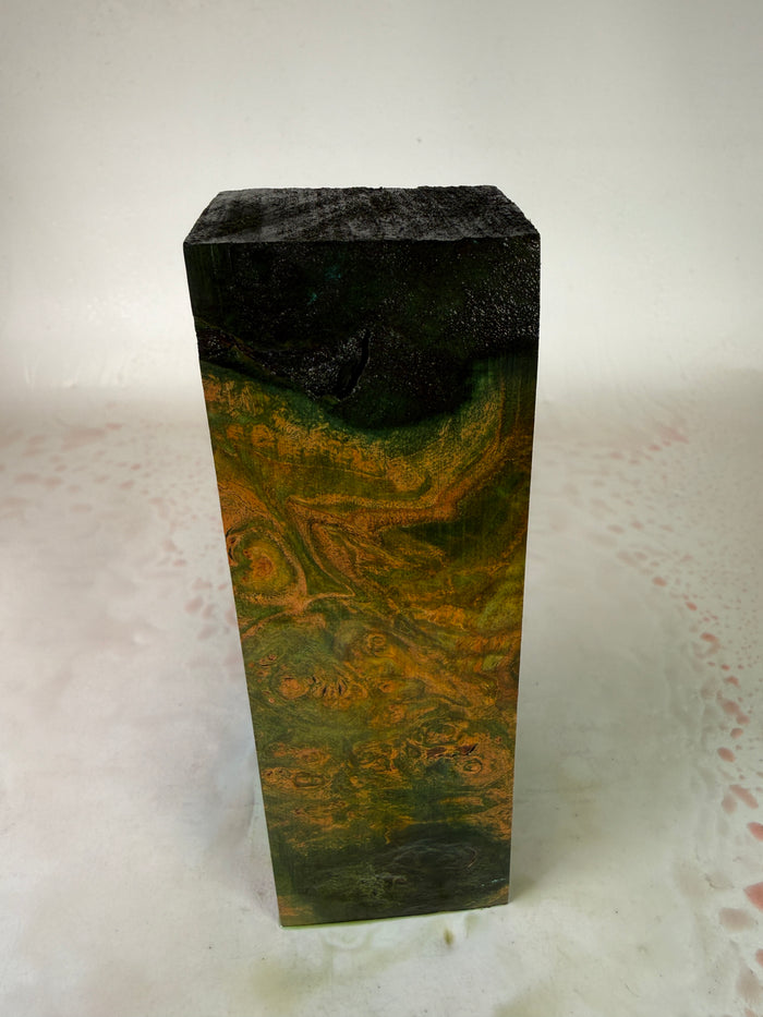 KB-040: Knife Block - Green Orange Dye Stabilized Maple Burl