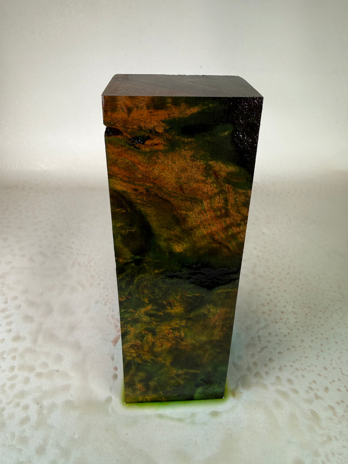 KB-045: Knife Block - Green Orange Dye Stabilized Maple Burl