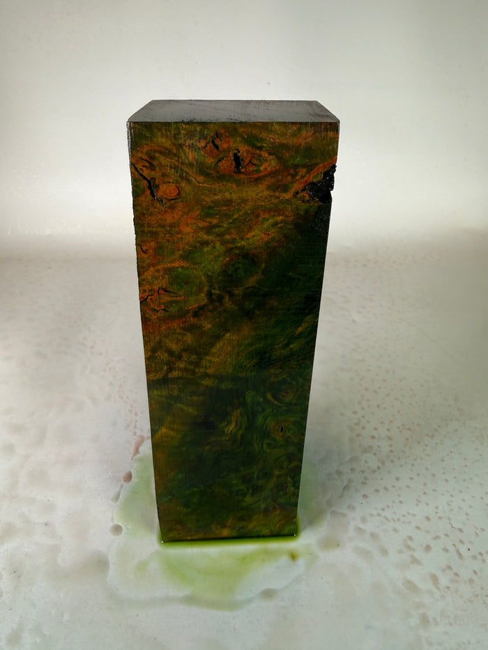 KB-045: Knife Block - Green Orange Dye Stabilized Maple Burl