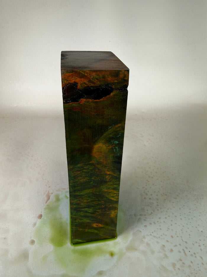 KB-045: Knife Block - Green Orange Dye Stabilized Maple Burl