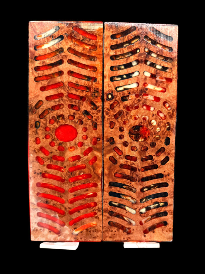 KS-001: Knife Scales - Hybrid Orange Black Ghost Gold Resin Natural Stabilized Maple Burl
