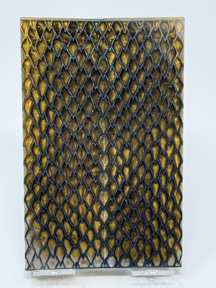KS-003: Knife Scales - Green Black 3D Printed PLA Dragon Scale Hybrid Gold Resin Alumilite Casting