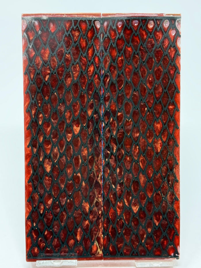 KS-010: Knife Scales - Black 3D Printed PLA Dragon Scale Hybrid Red Gold Resin Alumilite Casting