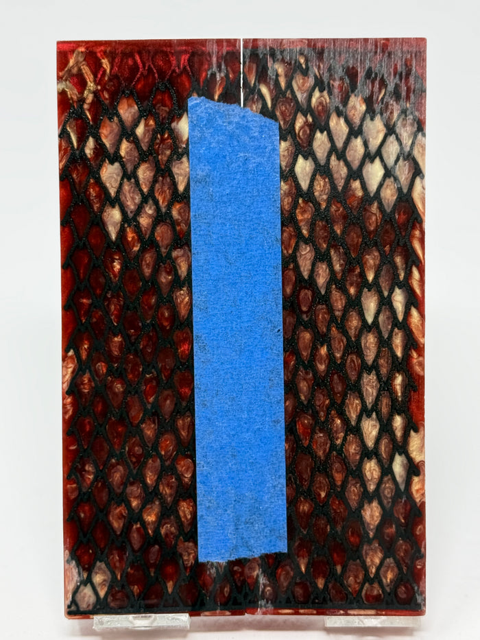 KS-010: Knife Scales - Black 3D Printed PLA Dragon Scale Hybrid Red Gold Resin Alumilite Casting