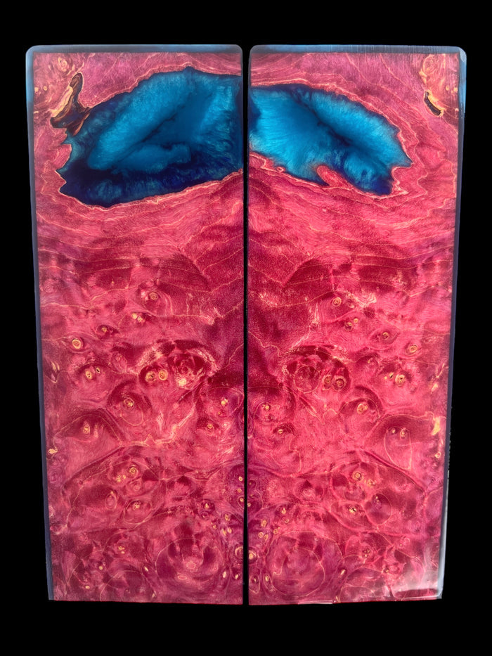 KS-016: Knife Scales - Hybrid Blue Resin Red Dye Stabilized Box Elder Burl