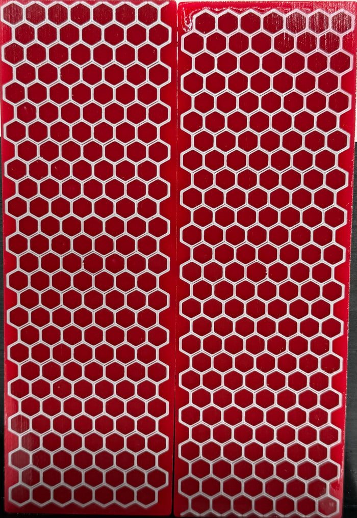 KS-037: Knife Scales - Silver 3D Printed PLA Honeycomb Hybrid Red Resin Alumilite Casting