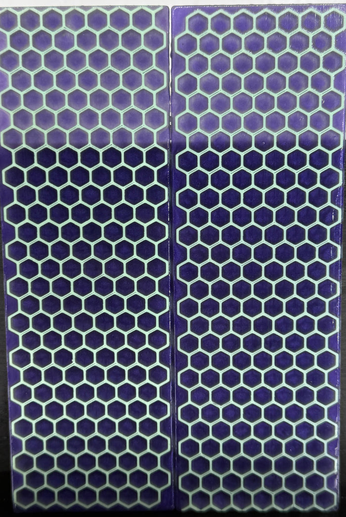 KS-041: Knife Scales - Green Glow 3D Printed PLA Honeycomb Hybrid Purple Resin Alumilite Casting