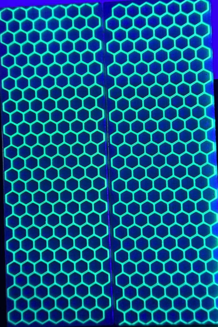 KS-041: Knife Scales - Green Glow 3D Printed PLA Honeycomb Hybrid Purple Resin Alumilite Casting