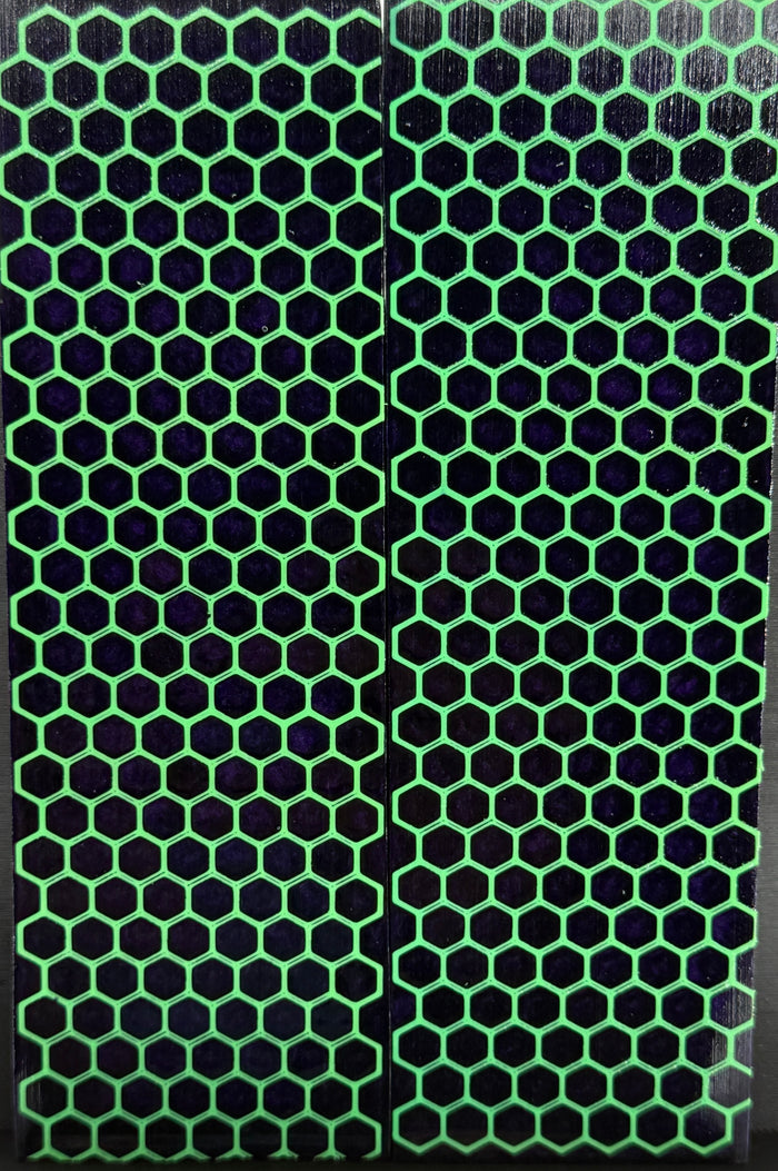 KS-042: Knife Scales - Green 3D Printed PLA Honeycomb Hybrid Purple Resin Alumilite Casting