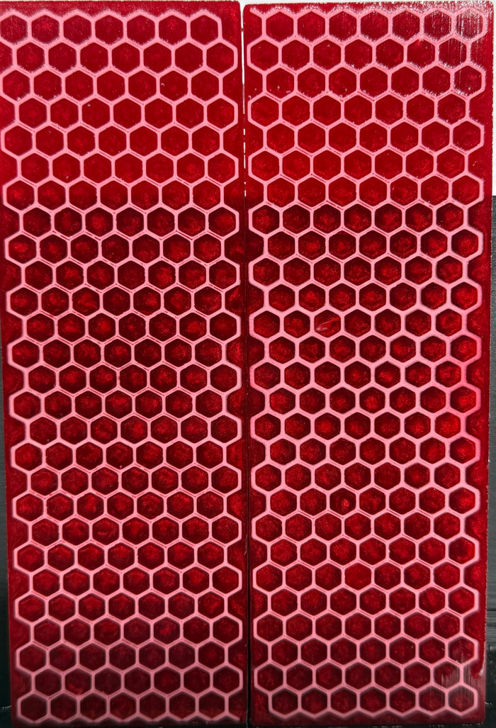 KS-043: Knife Scales - Pink 3D Printed PLA Honeycomb Hybrid Red Resin Alumilite Casting
