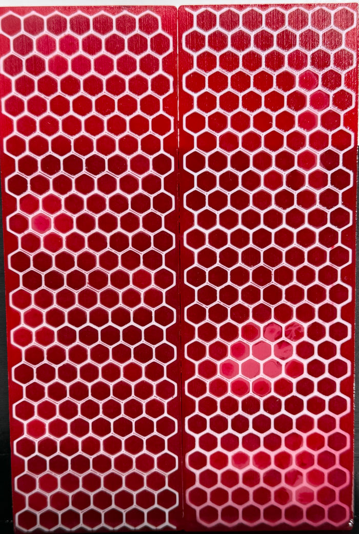 KS-045: Knife Scales - White 3D Printed PLA Honeycomb Hybrid Red Pink Resin Alumilite Casting