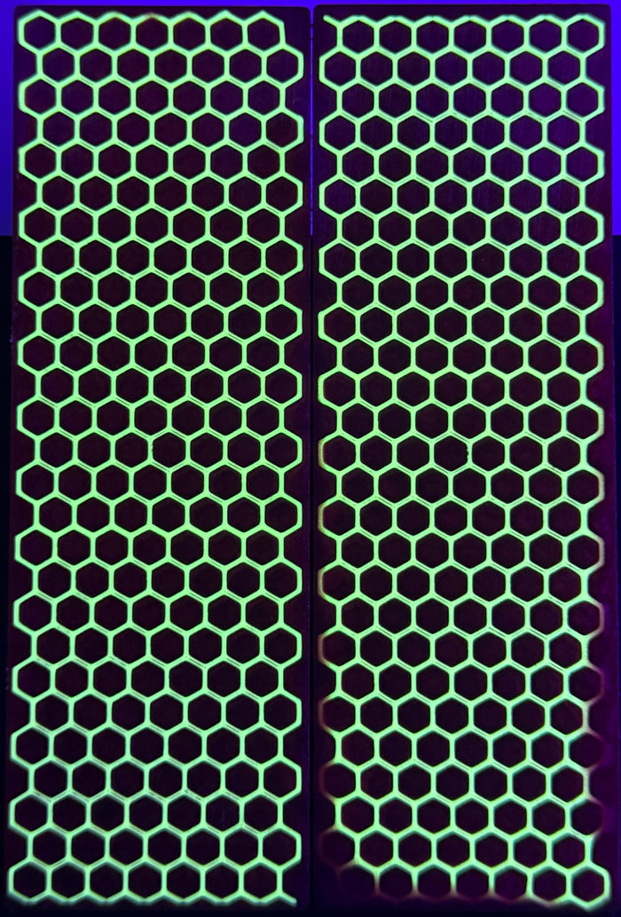 KS-046: Knife Scales - Green Glow 3D Printed PLA Honeycomb Hybrid Red Resin Alumilite Casting