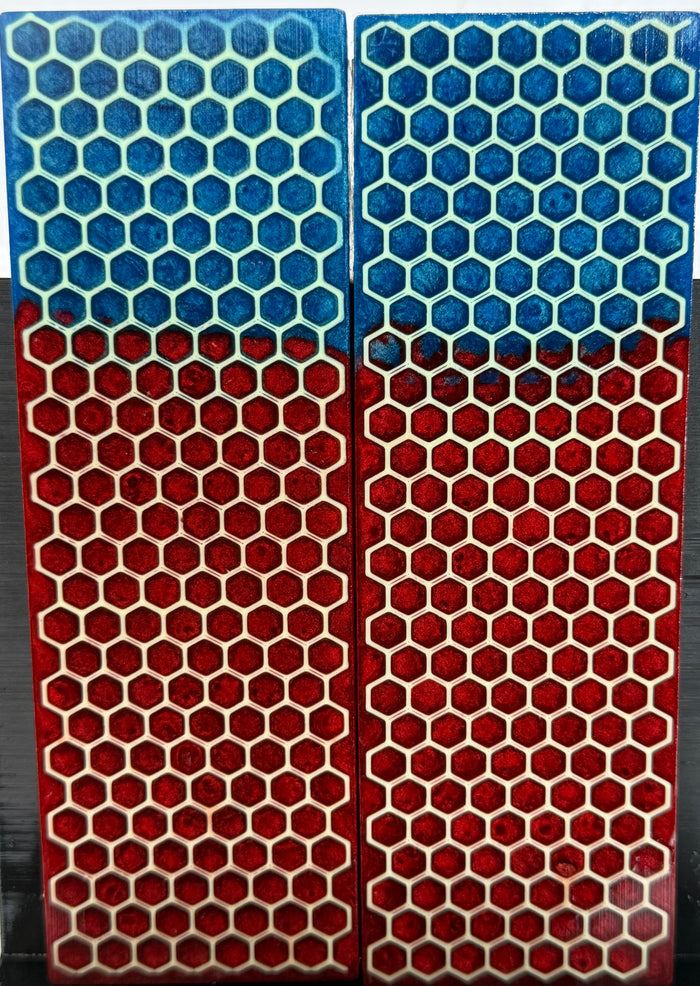 KS-049: Knife Scales - Green Glow 3D Printed PLA Honeycomb Hybrid Blue Red Resin Alumilite Casting