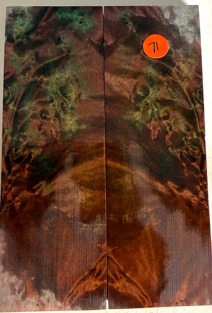 KS-071: Knife Scales - Red Green Dyed Stabilized Maple Burl