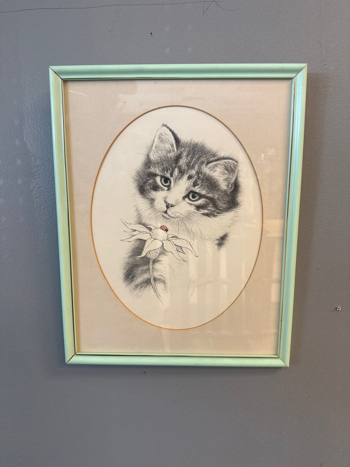 Ladybug on a flower Cat Art, green frame