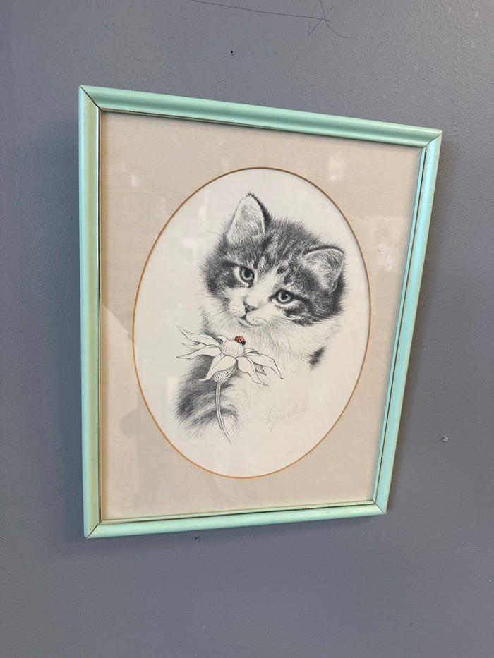 Ladybug on a flower Cat Art, green frame