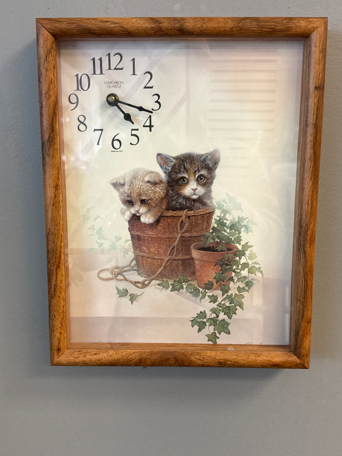 Large Kitten / Cat Clock, wooden frame