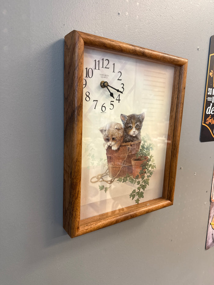 Large Kitten / Cat Clock, wooden frame