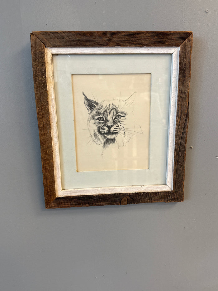 Large Rustic Cat Sketch Art, Wooden Frame on canvas