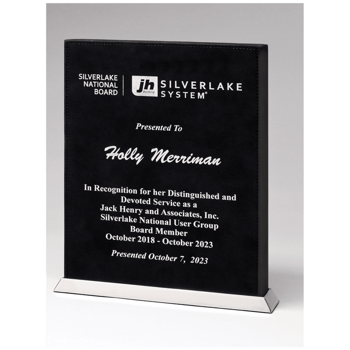 7.5" Black/Silver Leather Desk Plaque w/Chrome Plated Base